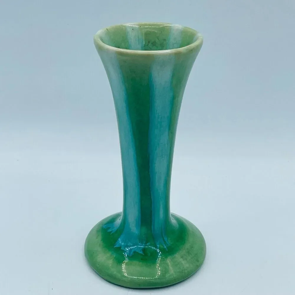 Vintage Blue Green Teal Drip Glazed Flare Top Vase 7” Marked X on Bottom